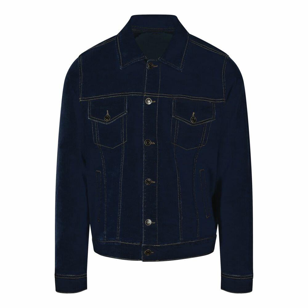 An SD060 denim jacket from AWDis So Denim in dark blue, featuring a button closure and two chest pockets.