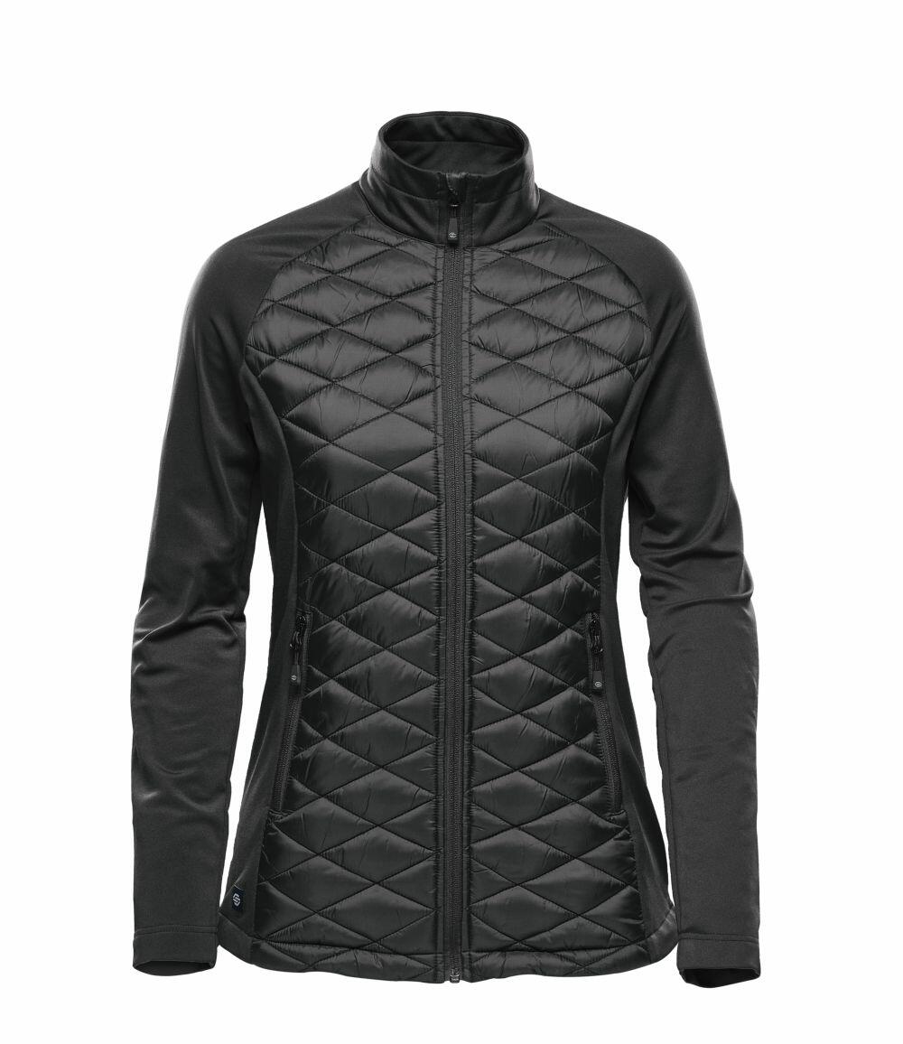 The ST196 by Stormtech is a black quilted jacket with a full front zipper, long sleeves, a high collar, and side pockets.