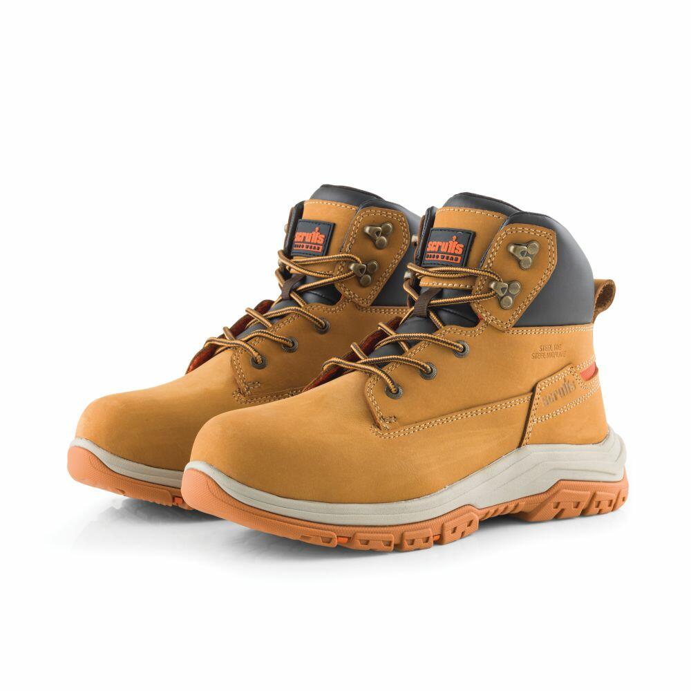 The Scruffs SH082 are tan leather work boots featuring orange accents and thick soles, designed for durability and comfort.