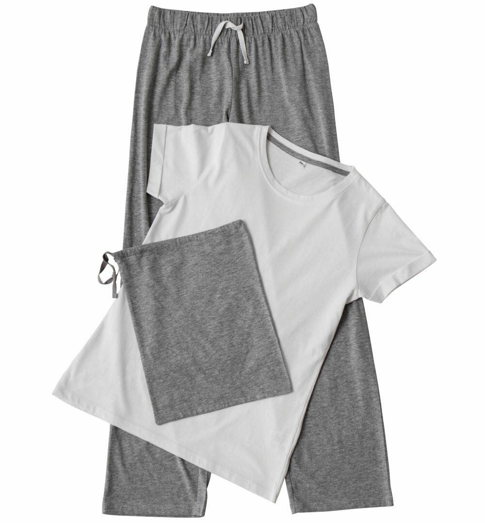 Towel City's TC053 features a white T-shirt and gray pants, neatly arranged, complemented by a matching gray drawstring bag.