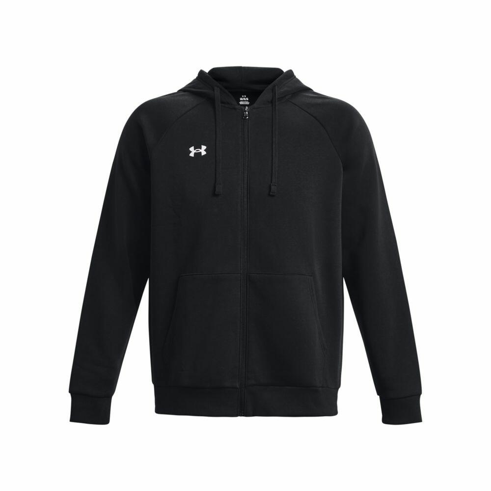 The Under Armour UA041 black zip-up hoodie features a white logo on the left chest and adjustable drawstrings on the hood.