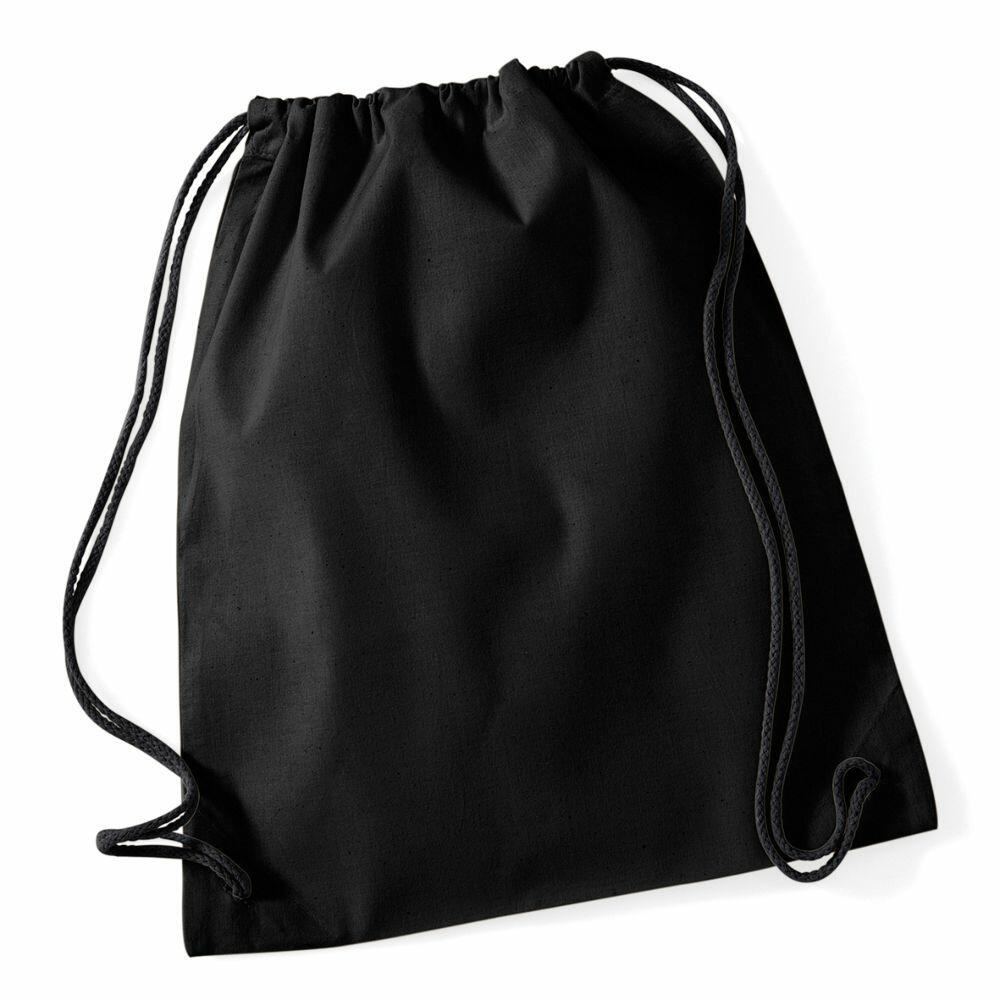 Westford Mill WM110 drawstring backpack in black, featuring a simple design, displayed against a white background.