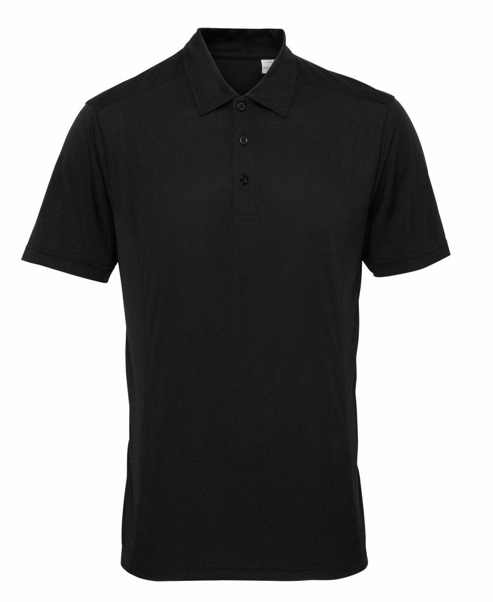 Tri-Dri's TR012 is a black short-sleeve polo shirt featuring a collar and a three-button placket, showcased against a white background.