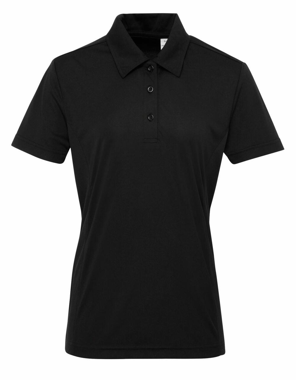 The TR022 by Tri-Dri is a simple black short-sleeve polo shirt featuring a collar and three buttons.