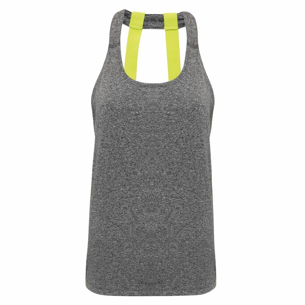 Tri-Dri TR028 athletic tank top in gray with a racerback design featuring wide neon yellow straps.