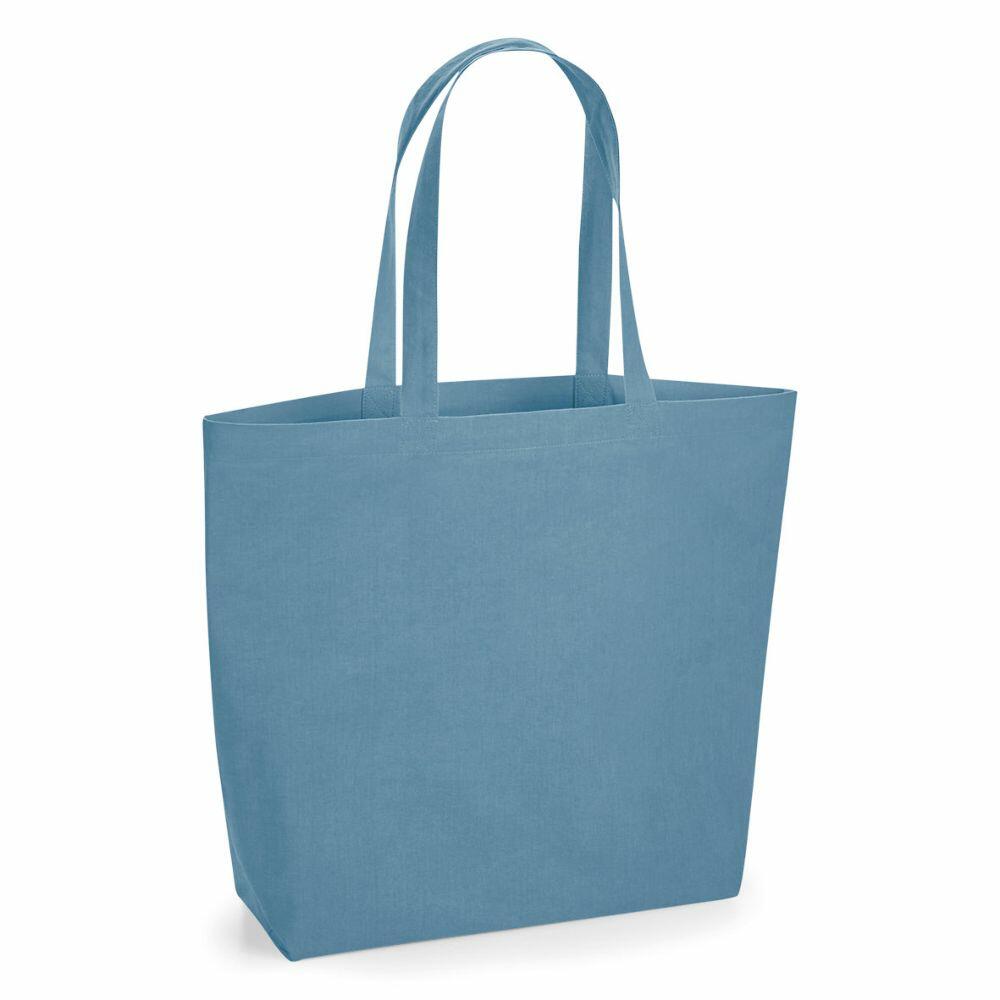 The WM285 tote bag by Westford Mill features a plain blue design, two handles, and a rectangular shape, standing upright against a white background.
