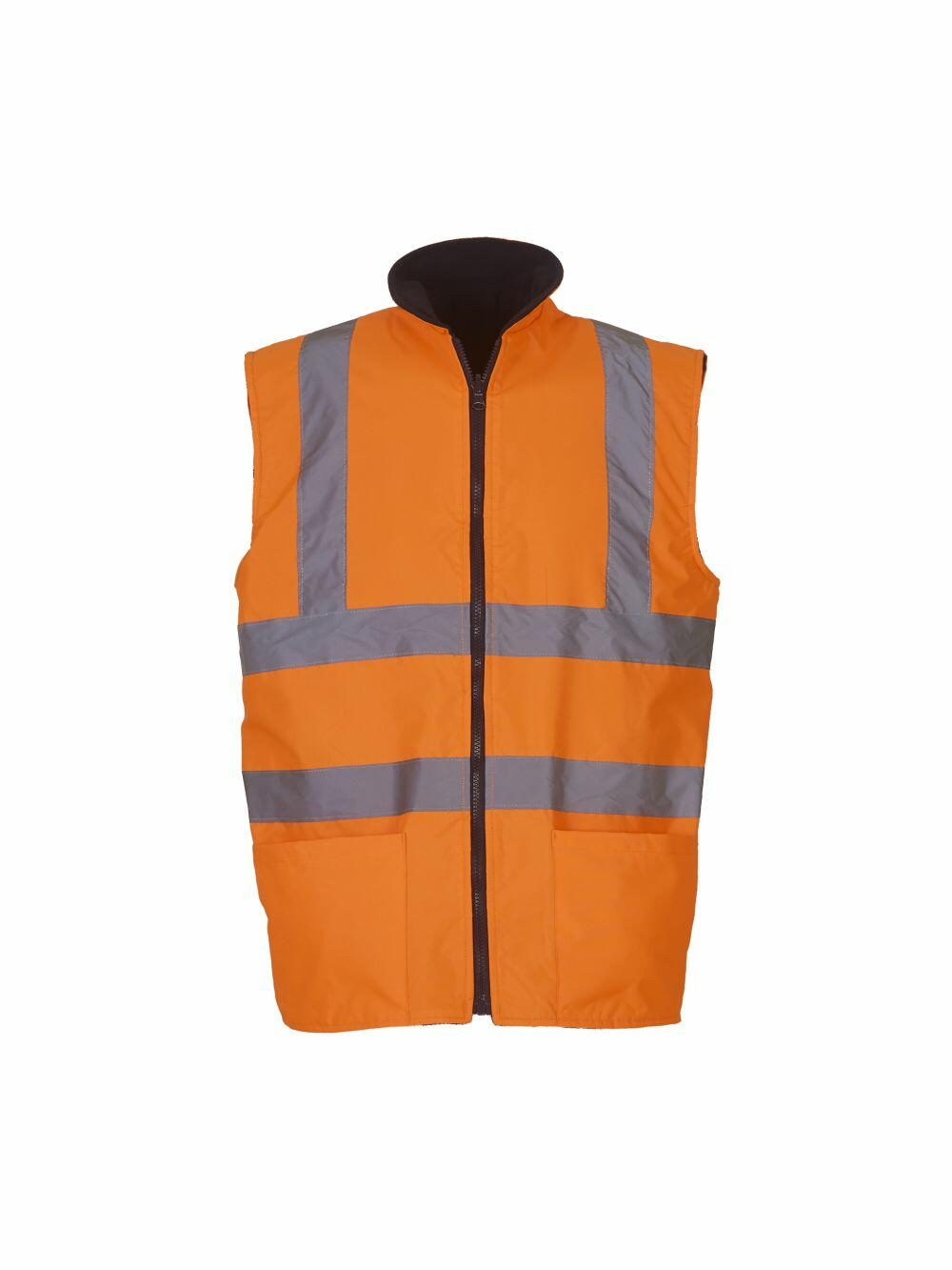 YK041, the orange high-visibility safety vest by Yoko, features gray reflective stripes and a black collar and is displayed against a white background.