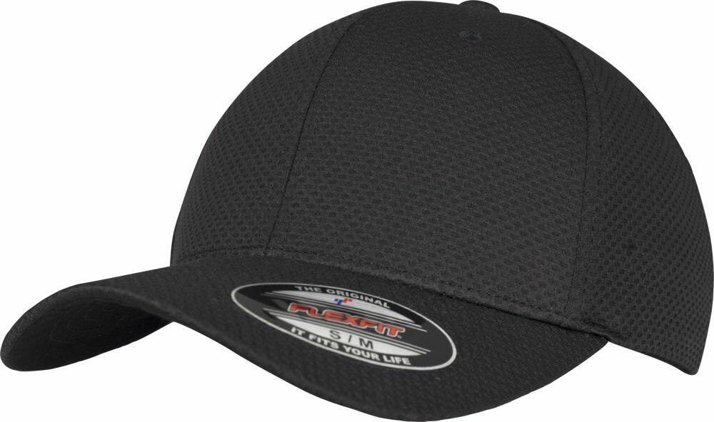 A YP052 black baseball cap with a curved brim, featuring a Flexfit By Yupoong sticker on the front.