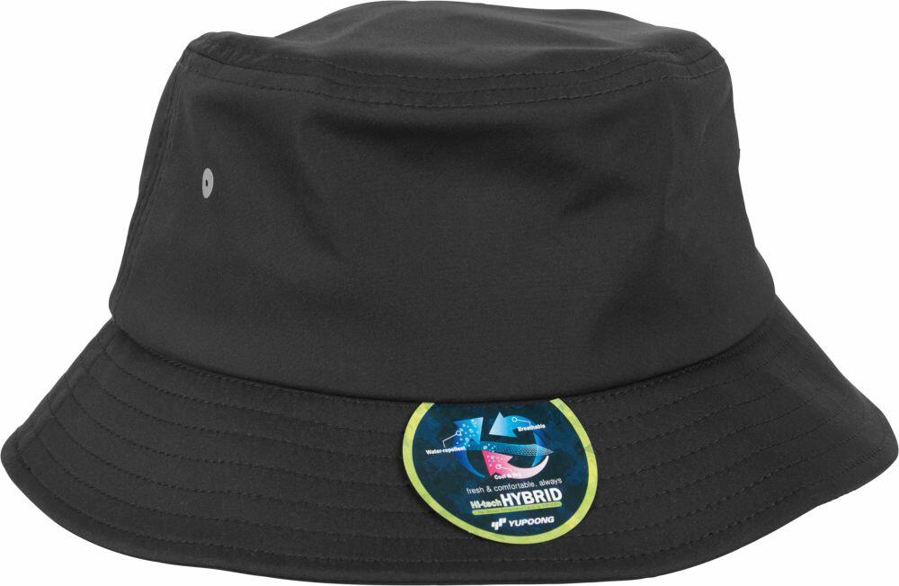 A black bucket hat with the product name YP071 and a round label on the front from Flexfit By Yupoong.