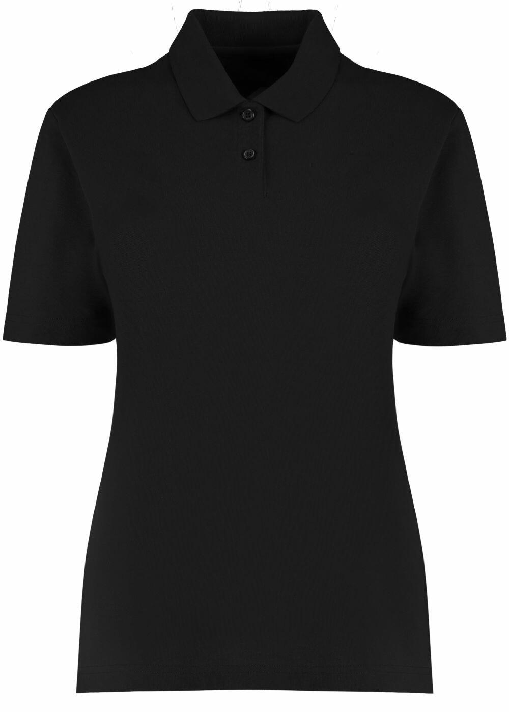 The KK722 by Kustom Kit is a plain black polo shirt featuring short sleeves and a collar with three buttons.