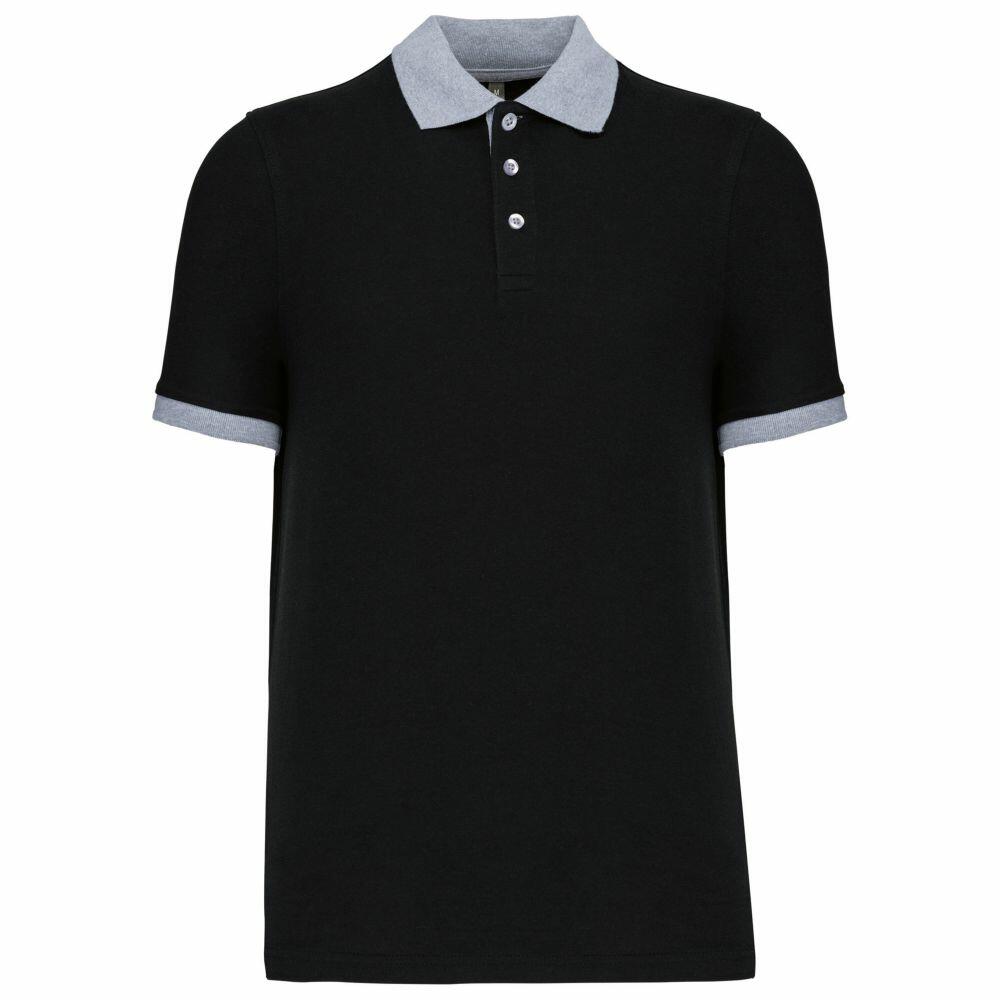 The Kariban KB258 is a black polo shirt with a light gray collar and sleeve edges, featuring a three-button placket.