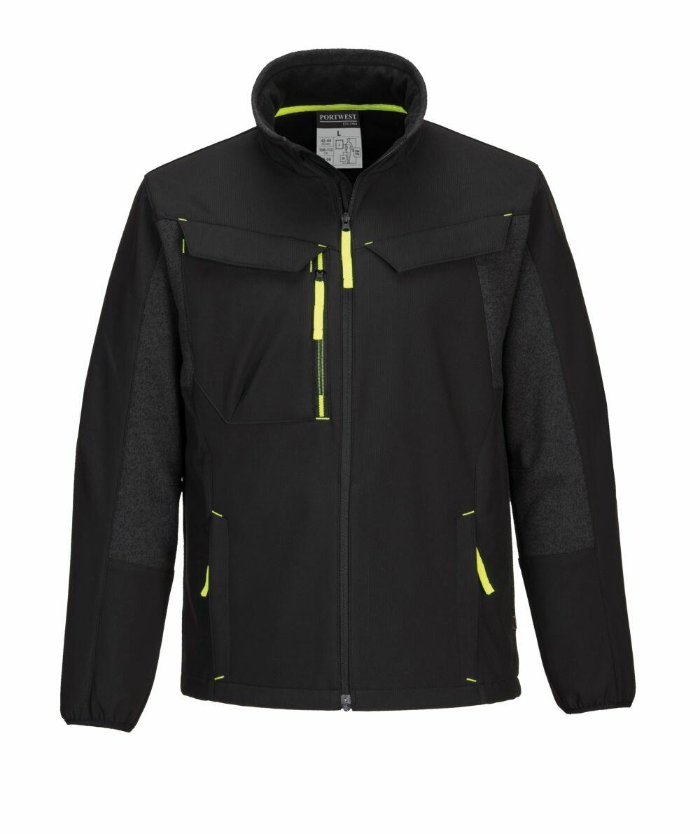 The PW472 by Portwest is a black zip-up jacket featuring a high collar, green accents, and multiple front pockets, displayed against a white background.