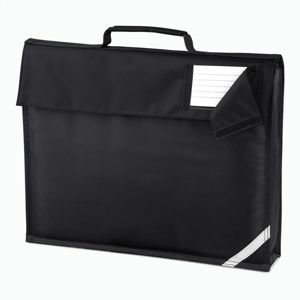 The Quadra QD051 is a black portfolio featuring a handle, a closed flap, and a visible label pocket containing a blank label.