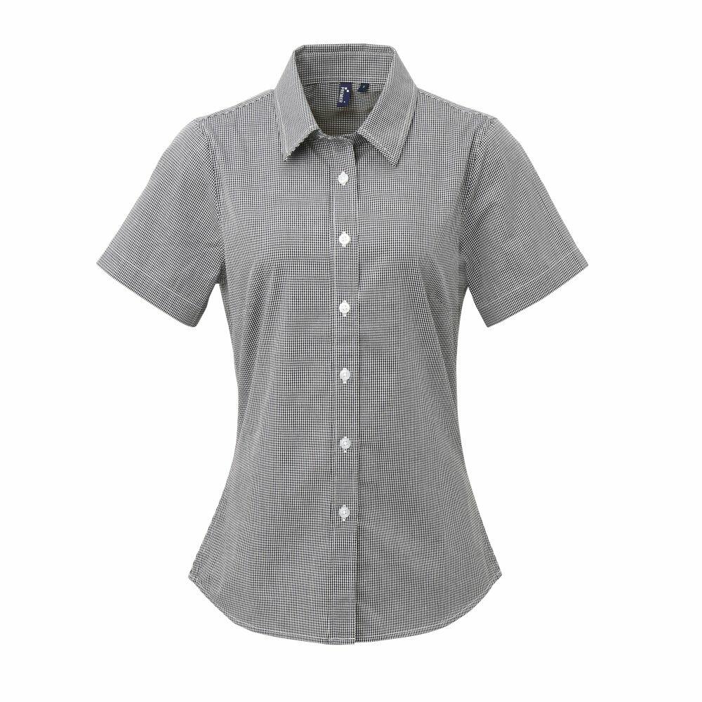 Premier's PR321: A gray short-sleeve button-up shirt featuring a checkered pattern and a pointed collar.