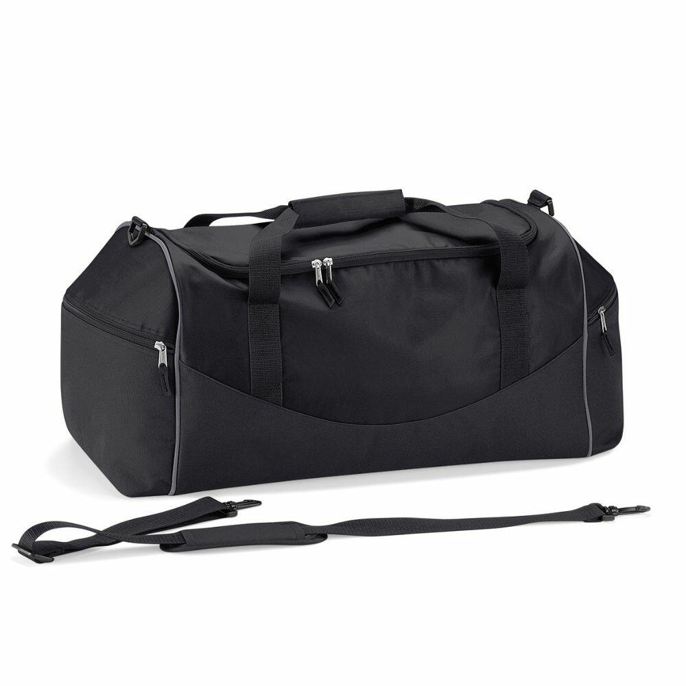 The Quadra QS070, a black duffel bag featuring multiple zippered compartments and an adjustable shoulder strap, is displayed against a plain background.
