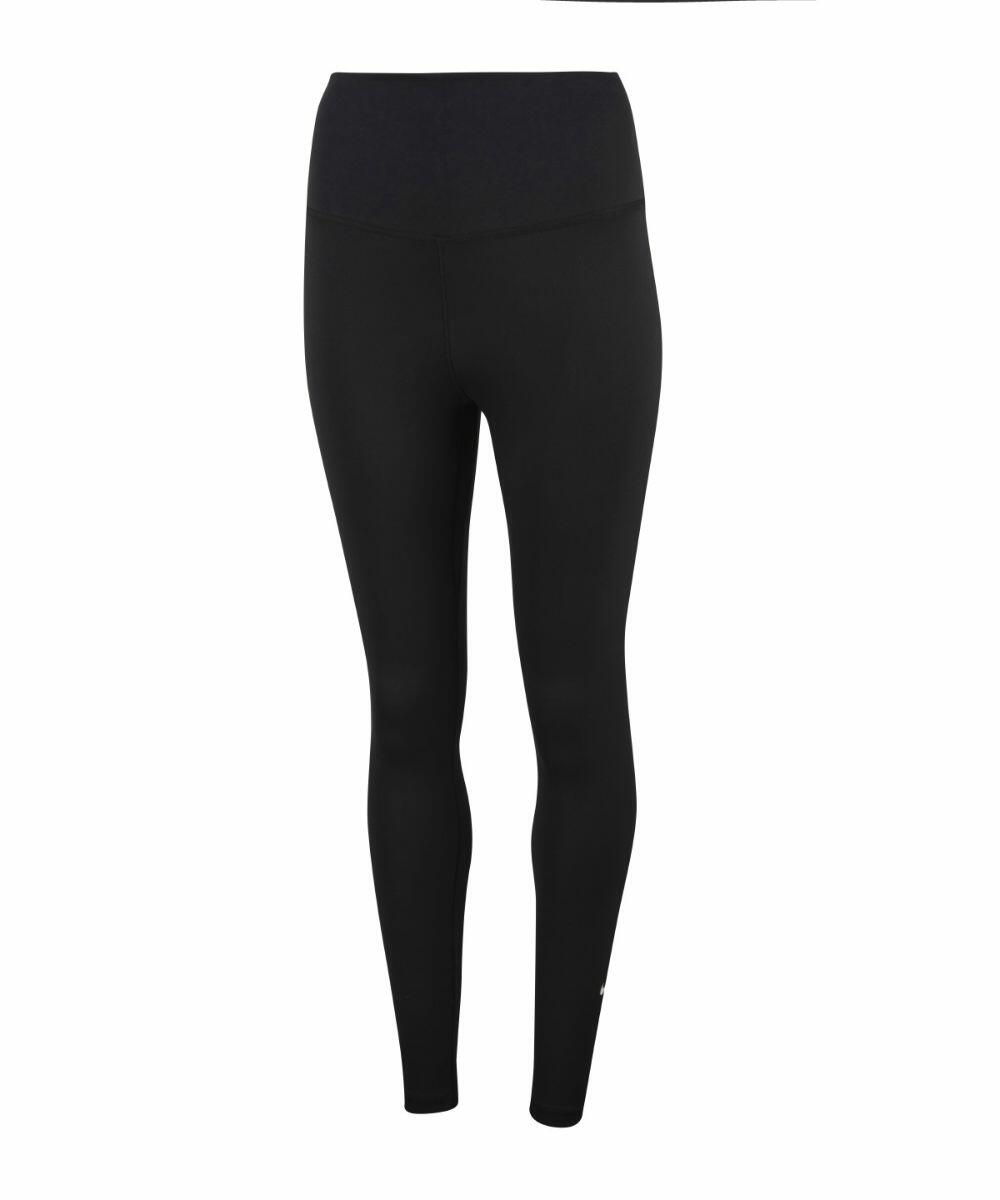 Nike NK376 black high-waisted leggings showcased on a white background.