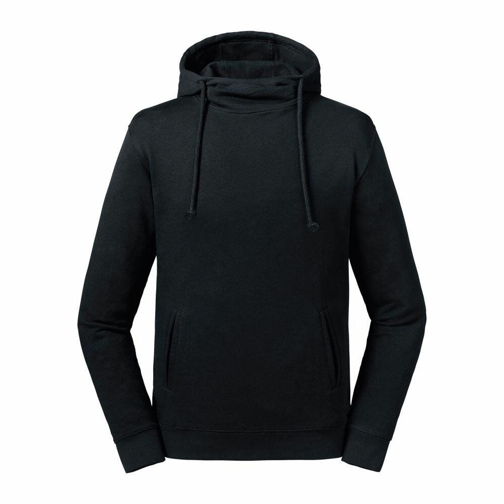 The J209M is a plain black hoodie by Russell, featuring a high collar and drawstrings.