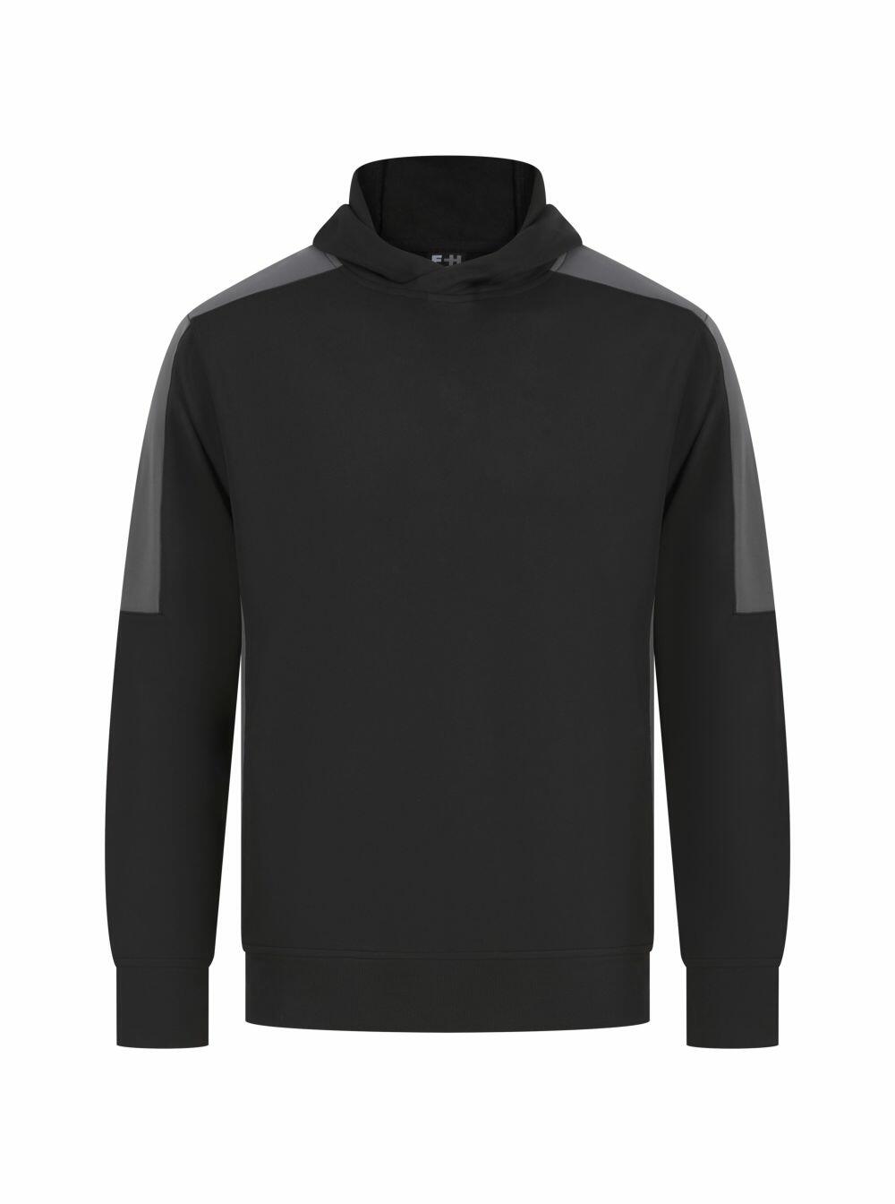 The LV341 hoodie from Finden & Hales features black long sleeves, gray shoulder accents, and a high neck collar, all showcased on a white background.