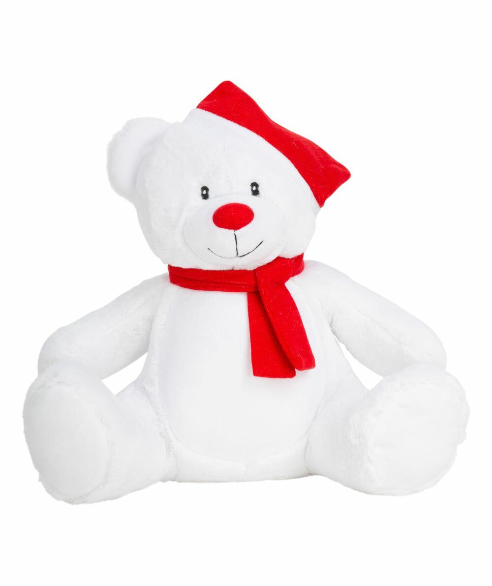 Introducing the Mumbles MM573: a charming white teddy bear adorned with a festive red Santa hat and scarf.