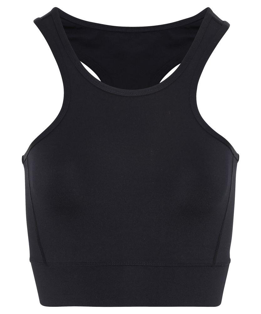 A Tri-Dri TR921 black sleeveless athletic crop top featuring a racerback design, set against a plain white background.