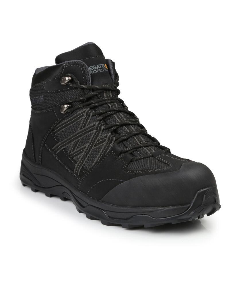Regatta Safety Footwear's RG566 features a black hiking boot design with a textured sole, lace-up front, and reinforced toe.