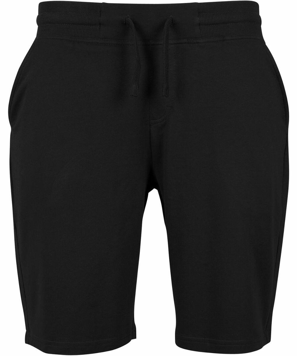 A pair of plain black, knee-length Build Your Brand BY080 shorts with an elastic waistband and drawstring.