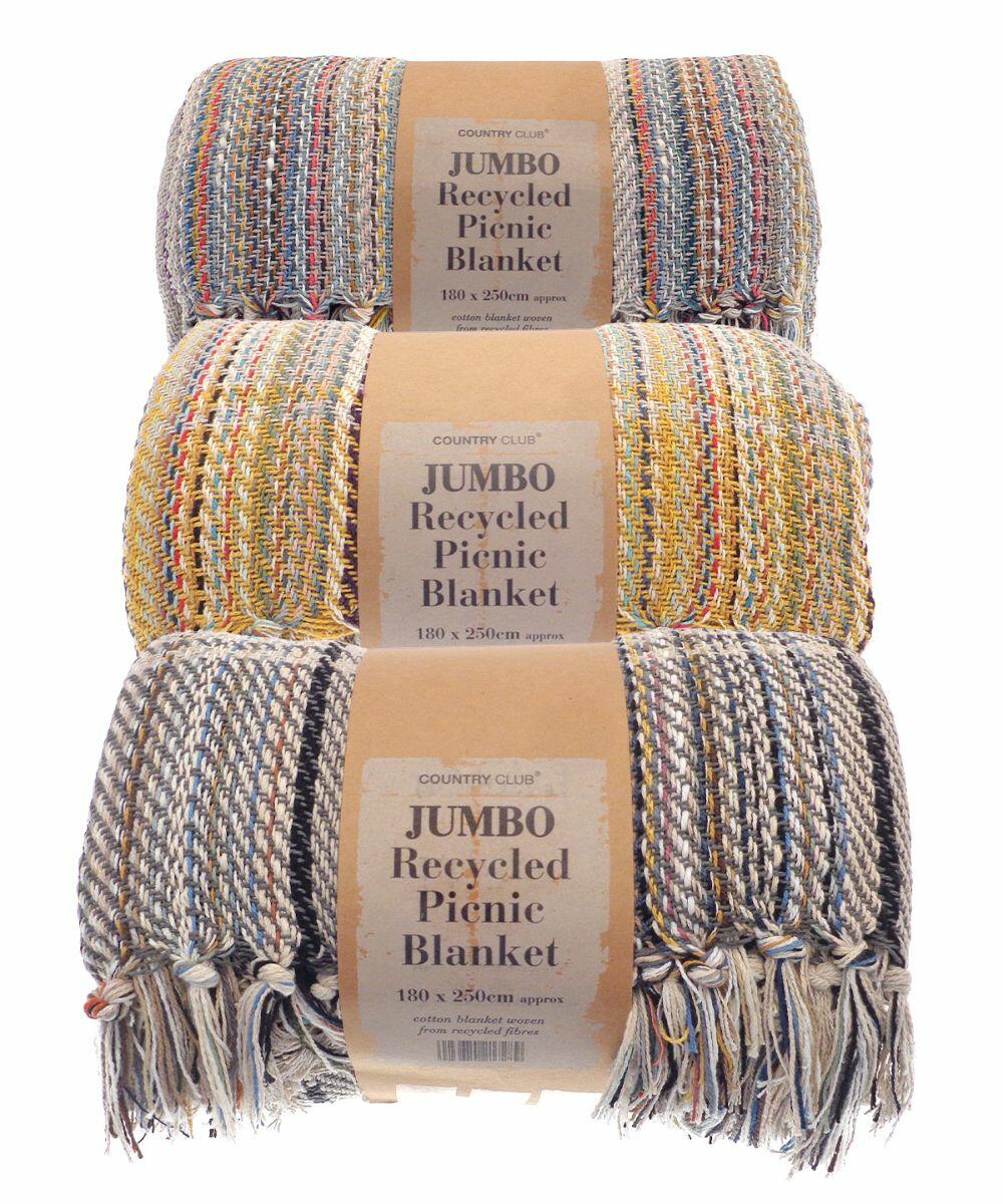 Three rolled, colorful recycled picnic blankets with "Home & Living HL207" labels stacked vertically. Each blanket features multicolored woven patterns and fringe ends.