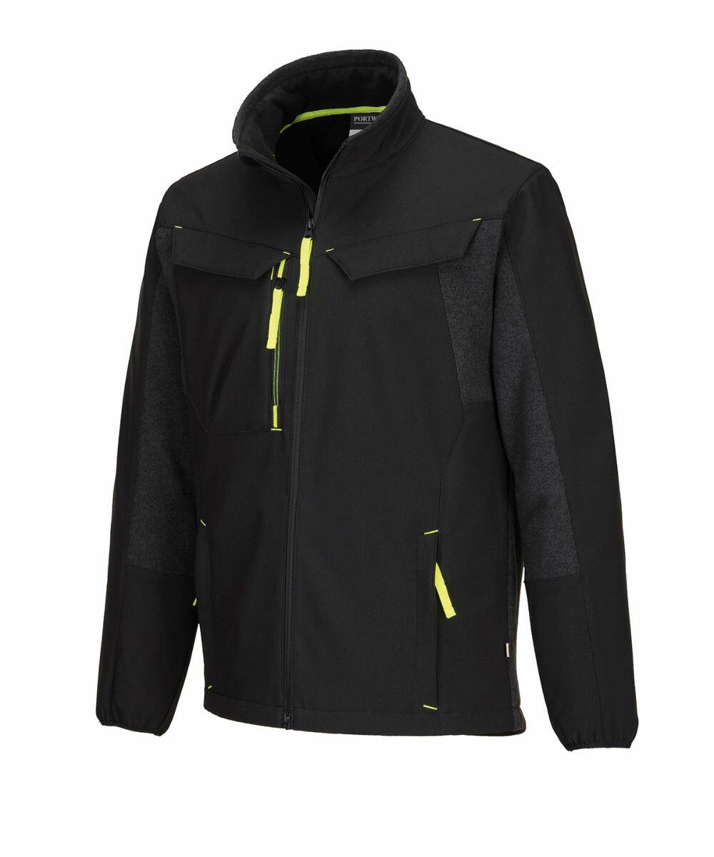 A Portwest PW472 black jacket with bright yellow accents and a zip front. The design includes multiple pockets and a high collar.
