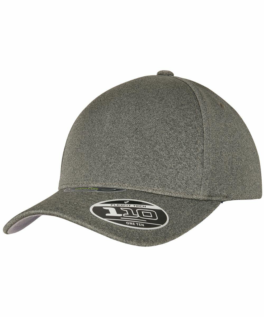 A grey baseball cap with a curved brim and a sticker on the brim displaying "110" and "YP153 by Flexfit By Yupoong.