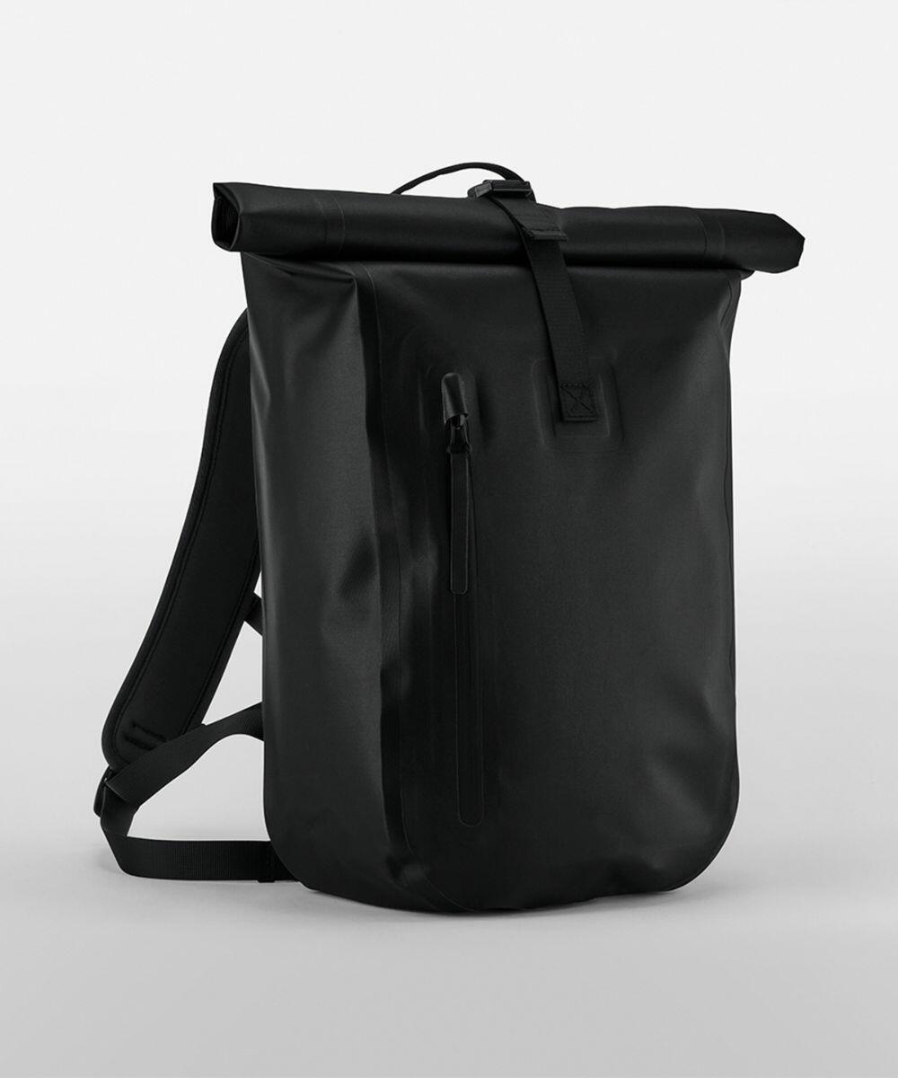 A sleek black Quadra QS573 roll-top backpack with a front zipper pocket and adjustable shoulder straps displayed against a plain white background.