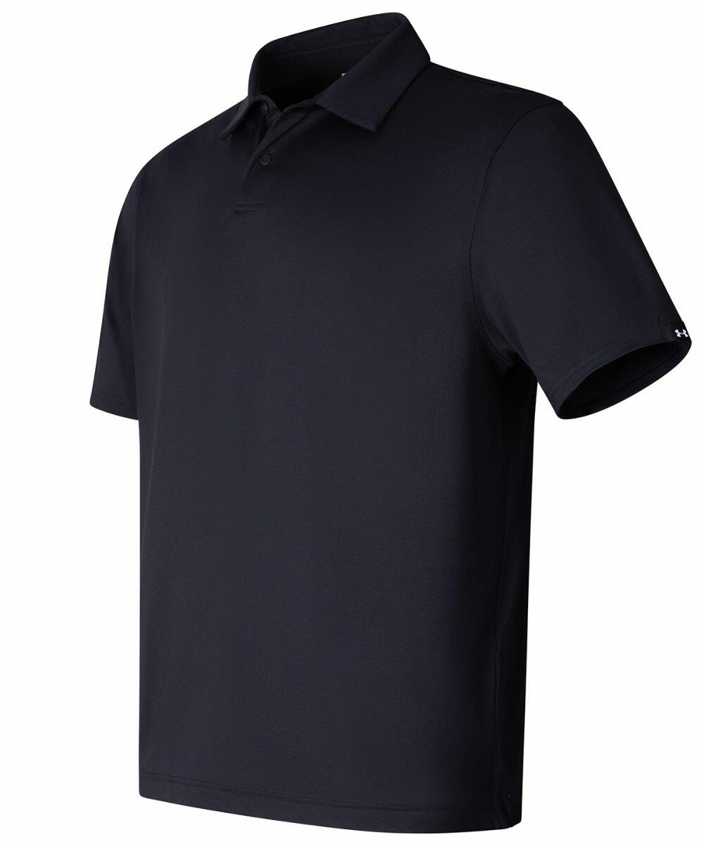 A black short-sleeved polo shirt with a collar and three buttons, UG001 by Under Armour Golf.