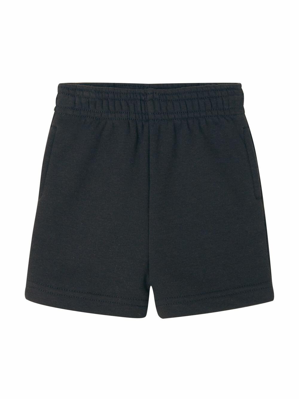 Babybugz BZ065 dark gray shorts featuring an elastic waistband and side pockets, viewed from the front.