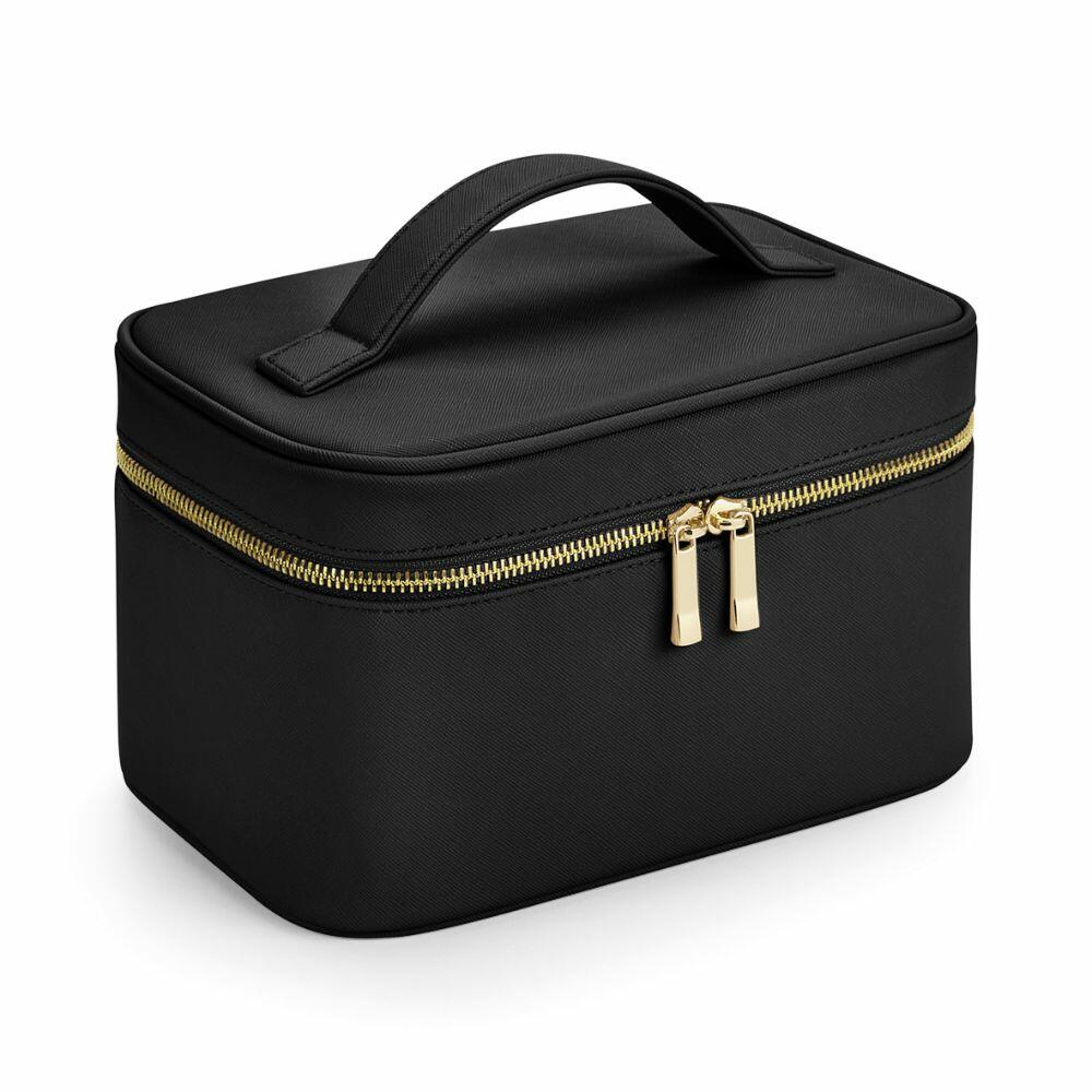 The Bagbase BG763 is a black rectangular travel case featuring a gold zipper and a top handle.