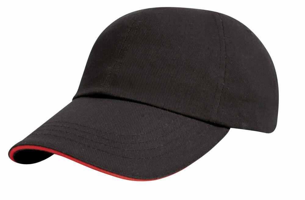 A Result Headwear R24JP baseball cap featuring a black design with a red trim on the edge of the brim.