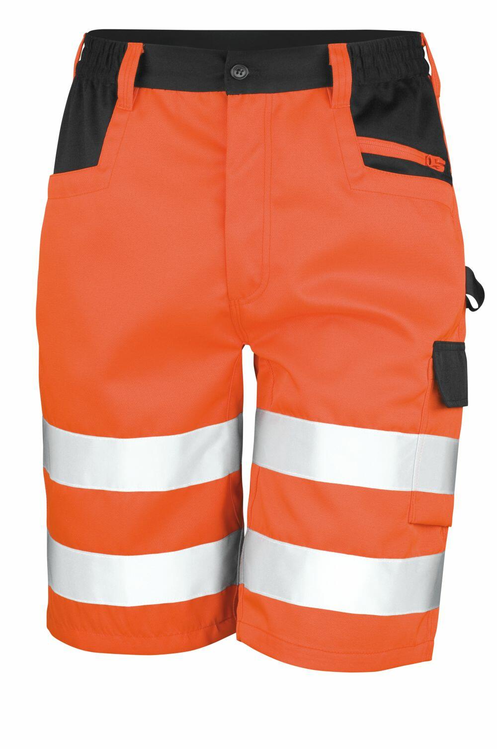 Product: R328X by Result Safe Guard featuring bright orange work shorts with reflective stripes and multiple pockets.