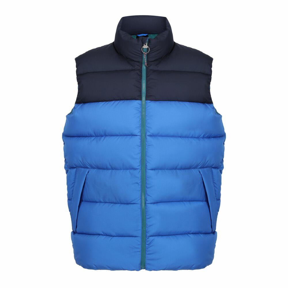 Regatta Professional's RG348 puffer vest in blue and black, featuring a high collar and front zipper.