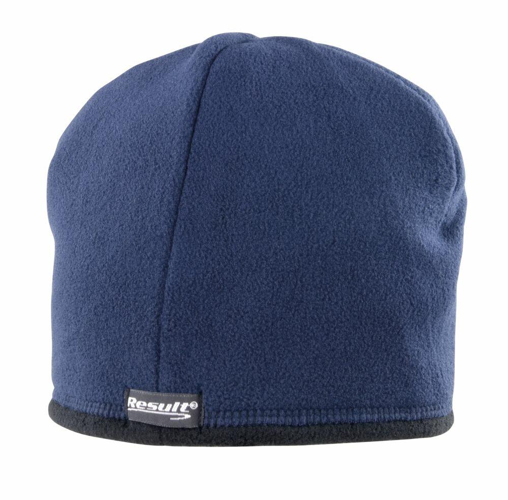 RC142, a fleece beanie from Result Winter Essentials, features a blue color with black trim and displays a visible label on the back.
