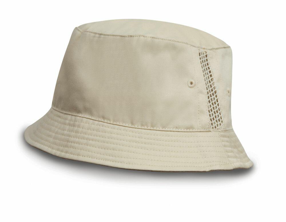 Beige RC45X bucket hat by Result Headwear, featuring a wide brim and a mesh vent on the side for enhanced breathability.