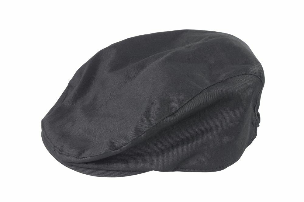 The Result Headwear RC77X is a black flat cap featuring a rounded top and short brim, displayed against a white background.