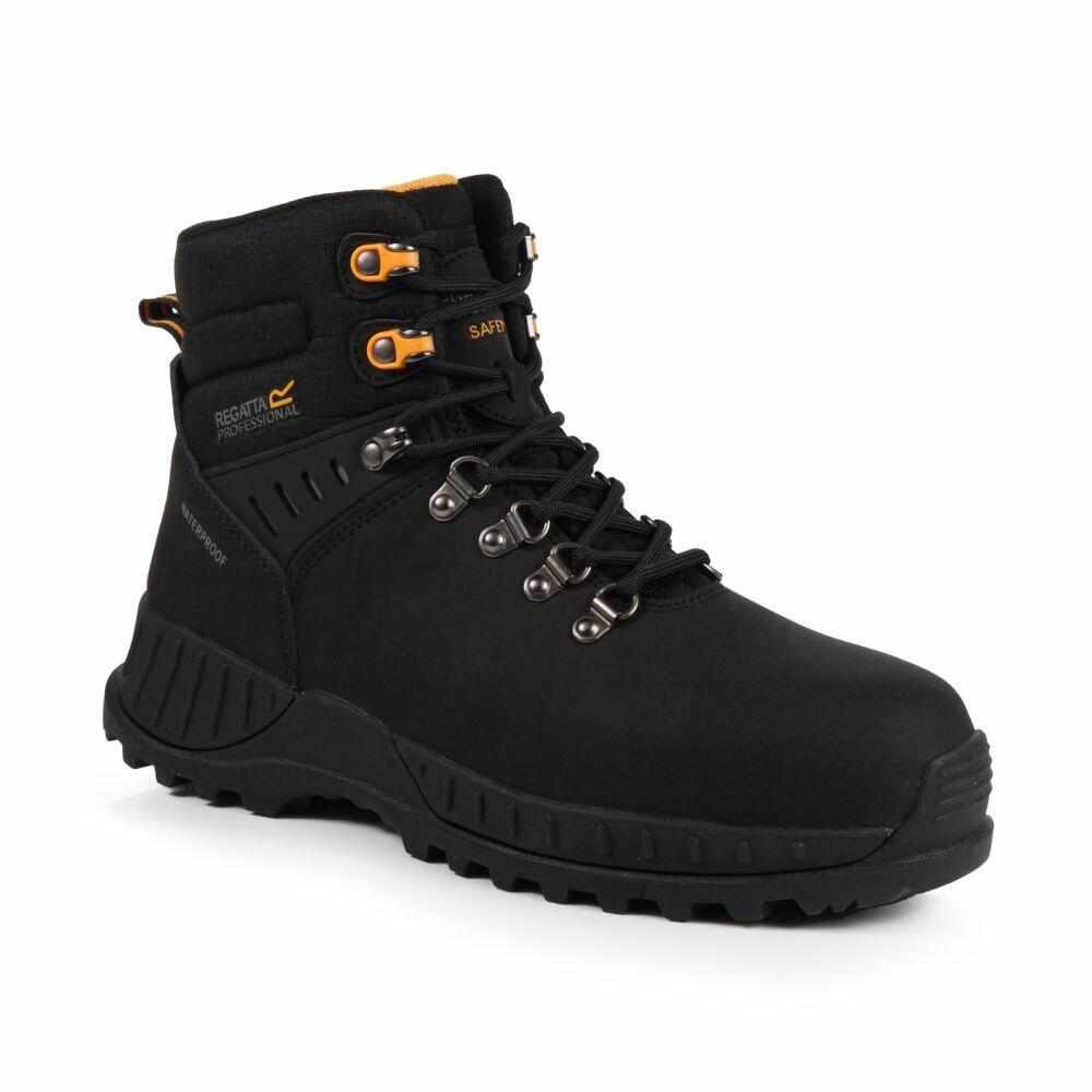 Introducing the RG573 by Regatta Safety Footwear: a black safety boot featuring a rugged sole, metal eyelets, and distinctive orange accents.