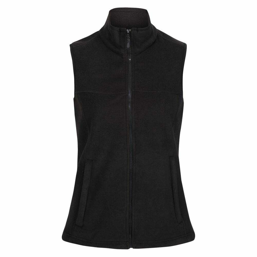 The RG184 by Regatta Professional is a black sleeveless zip-up vest featuring a high collar and two front pockets.