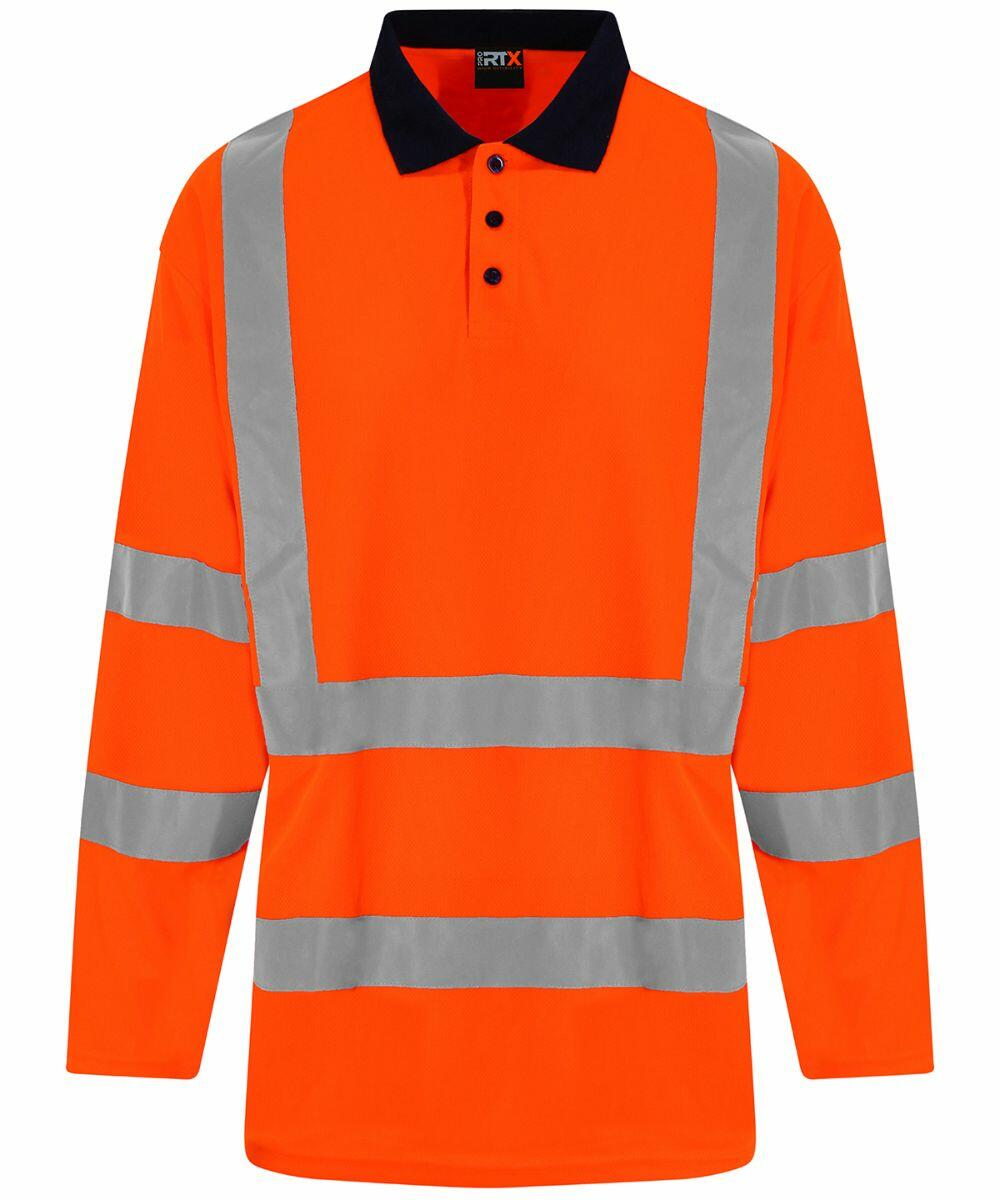Product RX715 from ProRTX is a high-visibility long-sleeve shirt in orange, featuring reflective gray stripes and a black collar.