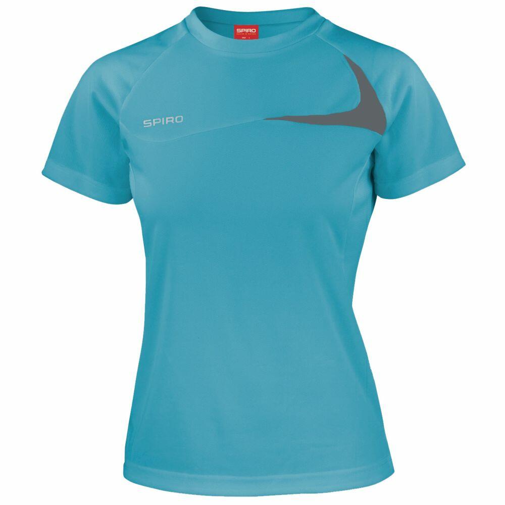 Spiro's S182F shirt, featuring a blue design with a gray swoosh on the front and a red logo tag inside the collar.