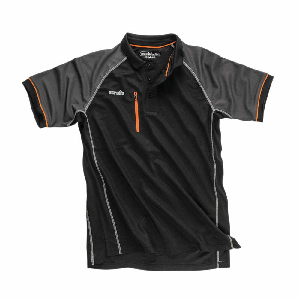 Scruffs SH020 short-sleeve polo shirt in black and gray with orange accents and buttons.