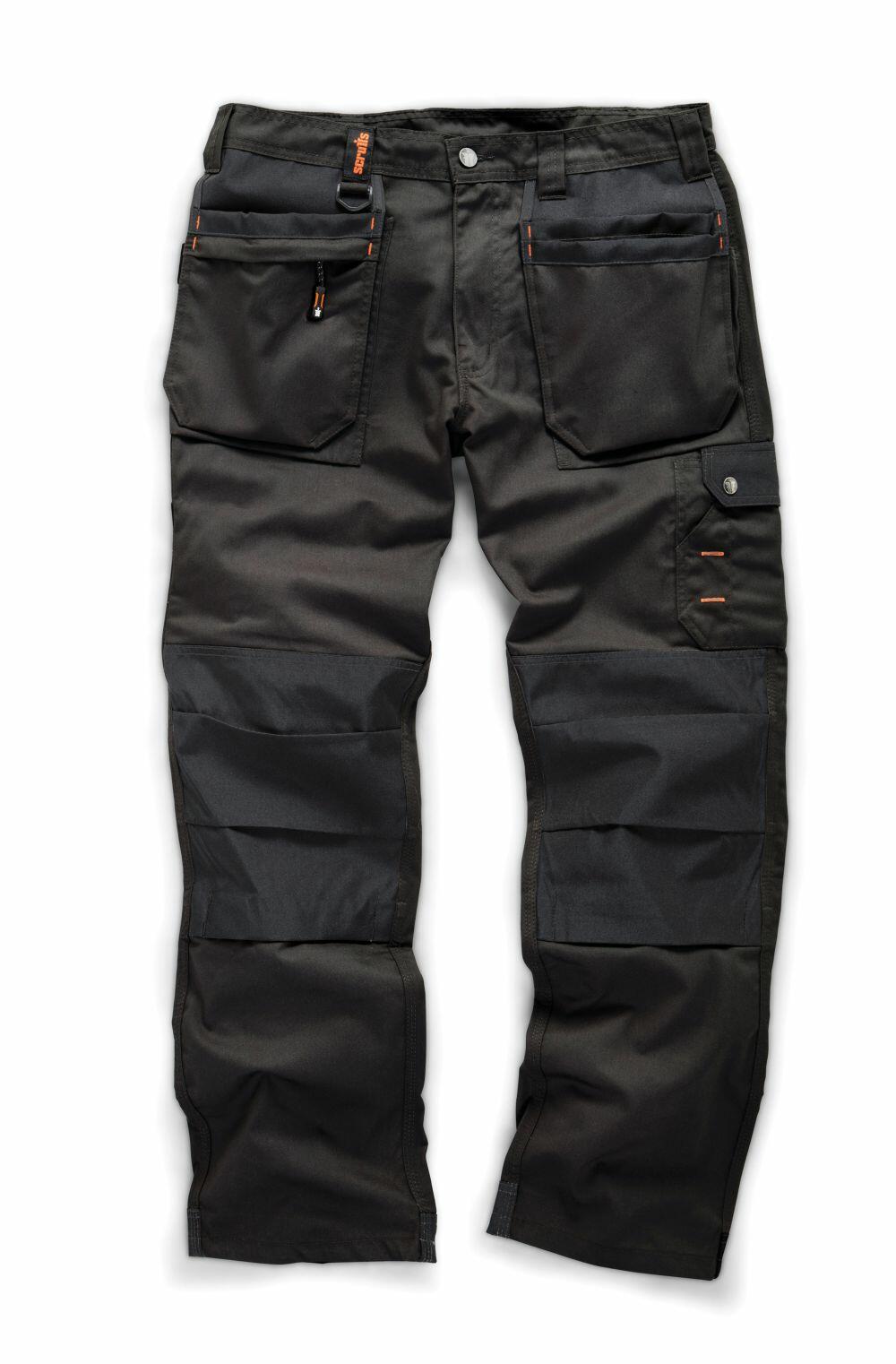 Scruffs SH054 utility pants in dark green, designed with multiple pockets, reinforced knee areas, and highlighted by orange stitching accents.