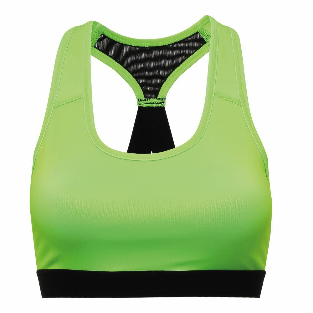 The TR920 by Tri-Dri is a lime green sports bra featuring a black band and a racerback design.