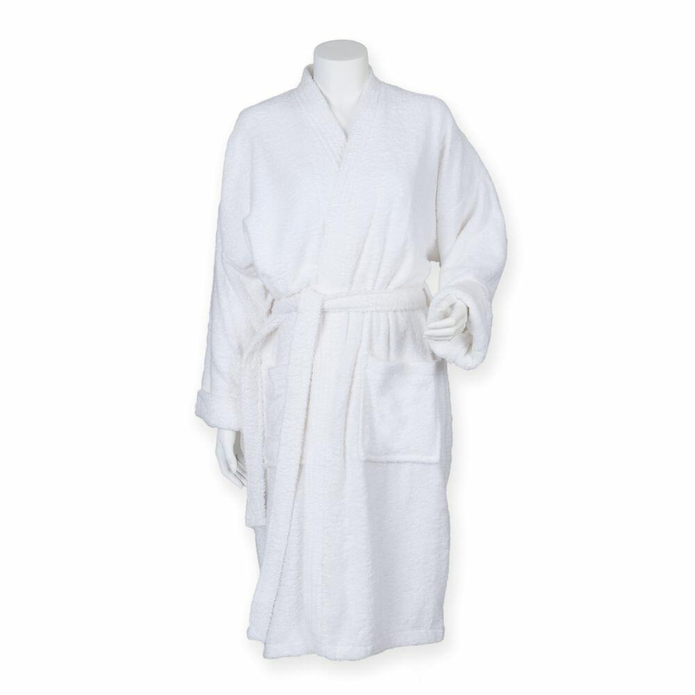 Towel City's TC021 bathrobe, displayed on a mannequin, features long sleeves, a belt, and two front pockets.