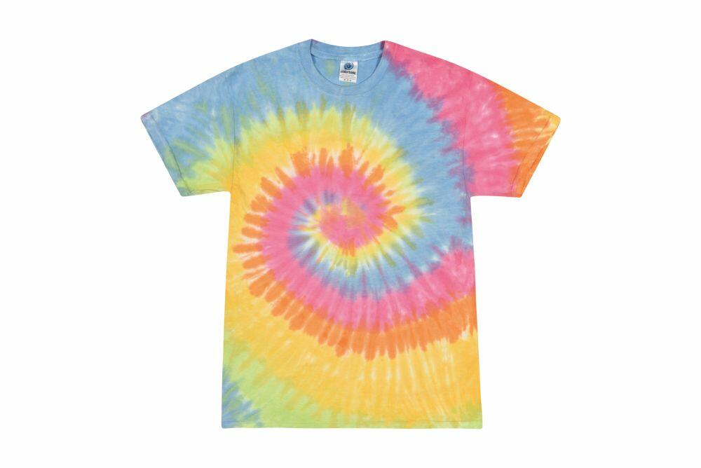 Introducing the TD02B from Colortone: a vibrant multi-colored tie-dye t-shirt featuring a stunning spiral pattern in shades of blue, yellow, orange, pink, and green.