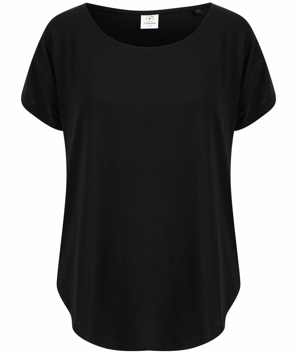 A Tombo TL527 scoop neck short-sleeve T-shirt in plain black is shown against a white background.