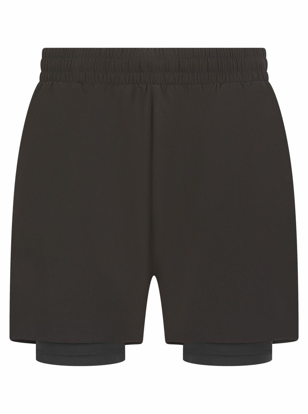 A front view of Tombo's TL615 athletic shorts in black, featuring an elastic waistband and built-in undershorts.